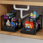2-Tier Under Sink Slide Out Organizer, 2 Pack Pull Out Cabinet Storage Shelf with Sliding Wire Basket Drawer for Bathroom Kitchen, Countertop or Pantry Shelf, Black