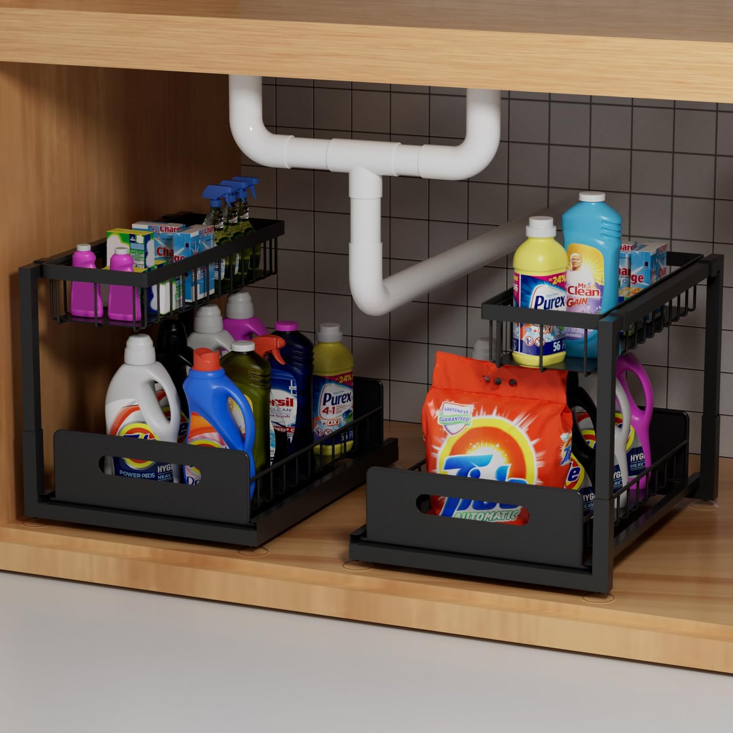 2-Tier Under Sink Slide Out Organizer, 2 Pack Pull Out Cabinet Storage Shelf with Sliding Wire Basket Drawer for Bathroom Kitchen, Countertop or Pantry Shelf, Black