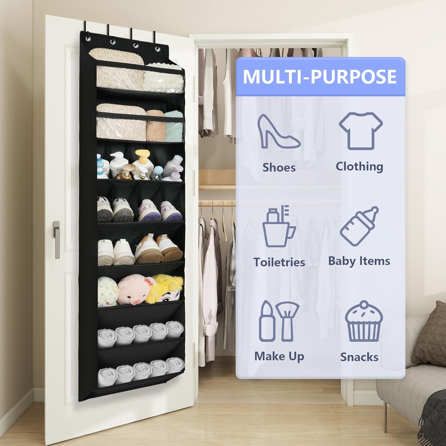 FENTEC 1 Pack 8 Shelves Over The Door Shoe Organizer, 68" Exlarge Deep Pockets Hanging Shoe Organizer, Shoe Rack for Closet, Shoe Holder for Boots,Over Door Organizer in Home, RV, Dorm, Black