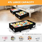 Under Bed Storage with Wheels,Underbed Storage with Sturdy Sidewalls/Bottom, Clear Cover, Label and PU Handle, Rolling Under Bed Drawers for Clothes, Shoes, 6.5 Inch Height,Black, 2 Pack