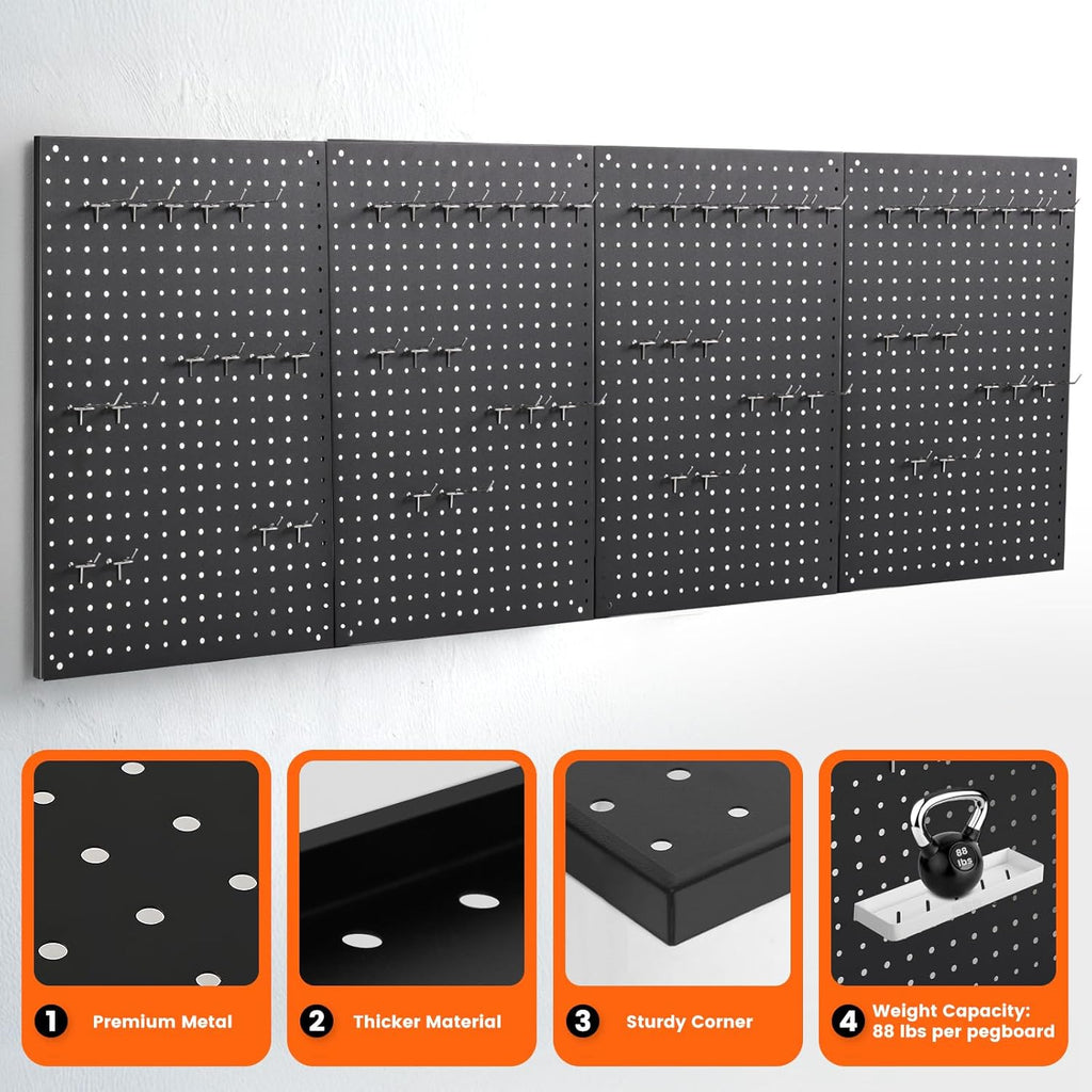 Pegboard, 4 PCS 24"×16" Metal Peg Board Panels Black Modular Wall Organizer Kit with 40 Hooks, Dual-Size Hole Design for Home Tool Storage, Garage Organization, Kitchen, Office, Craft Room
