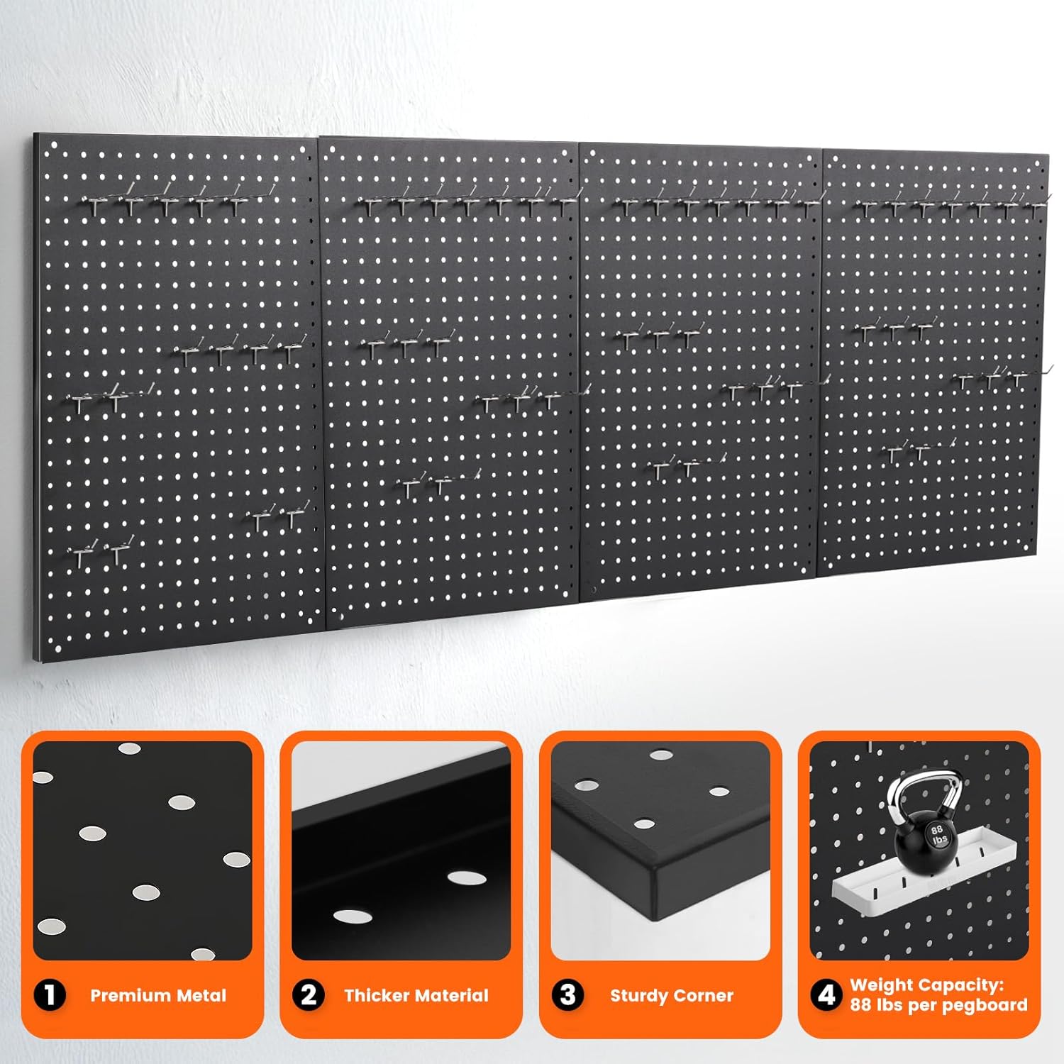 Pegboard, 4 PCS 24"×16" Metal Peg Board Panels Black Modular Wall Organizer Kit with 40 Hooks, Dual-Size Hole Design for Home Tool Storage, Garage Organization, Kitchen, Office, Craft Room