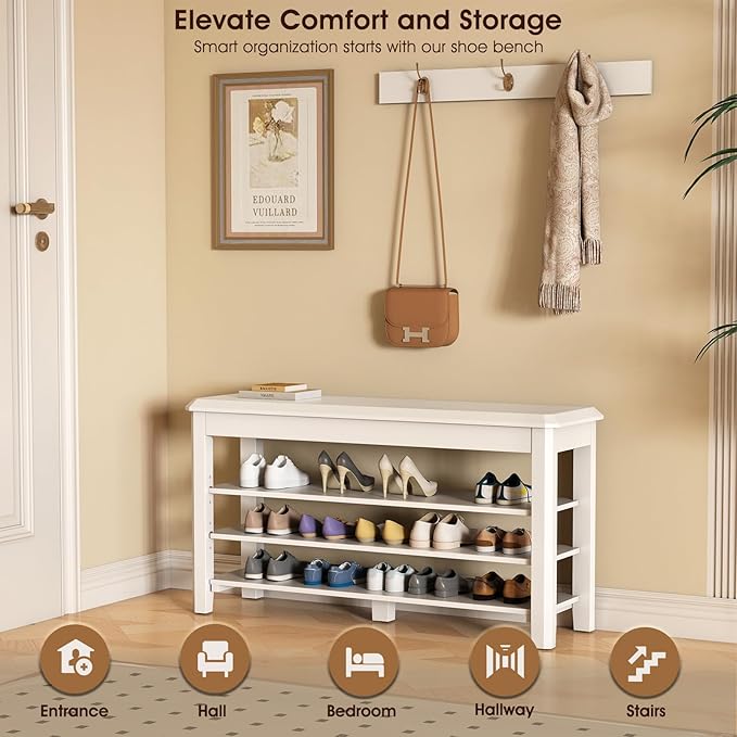 Shoe Rack Bench Seat Rubberwood 3-Tier Wooden Storage Bench 550lbs Compact Mid-Century Modern Design for Entryway, Hallway, Closet, Front Door Entrance, Foyer