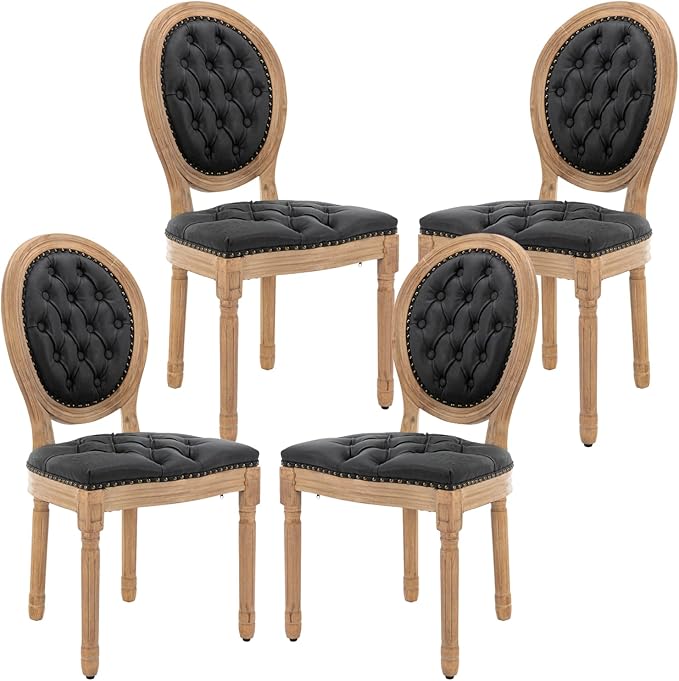 French Country Dining Chairs Set of 4,Farmhouse Upholstered Dining Room Chairs with Tufted Round Back&Solid Leg,PU Leather Kitchen Side Chairs for Kitchen/Bedroom/Dining Room,Black