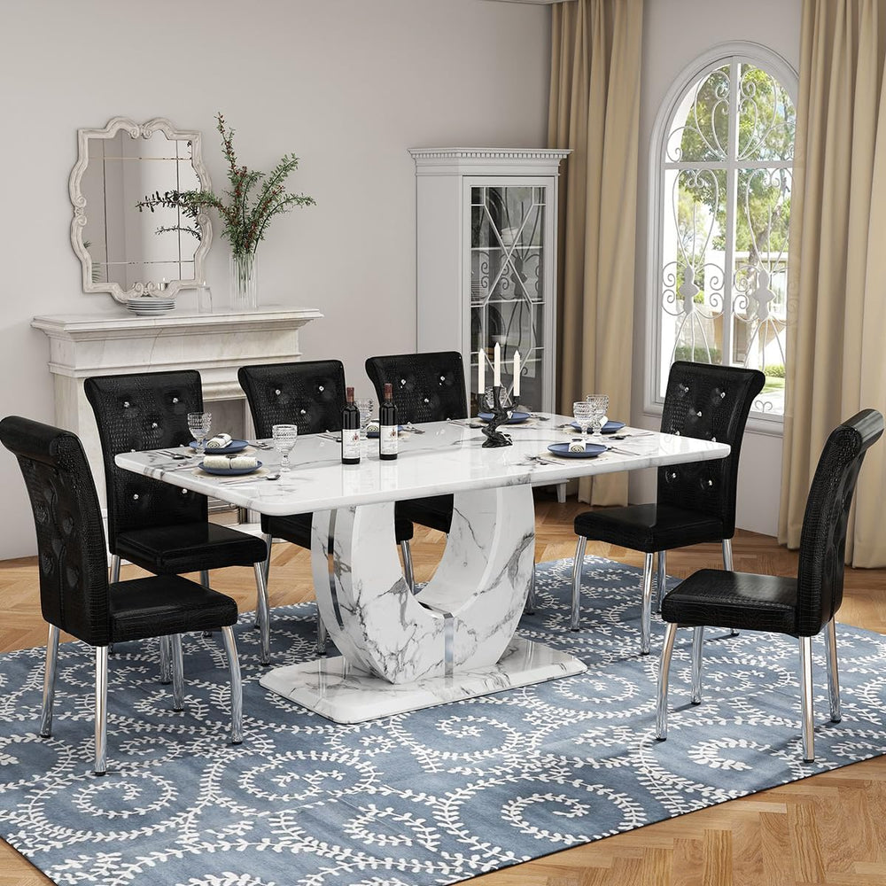 JUFU 63-Inch Faux Marble Dining Table Set for 6, Black Chairs, Silver Legs