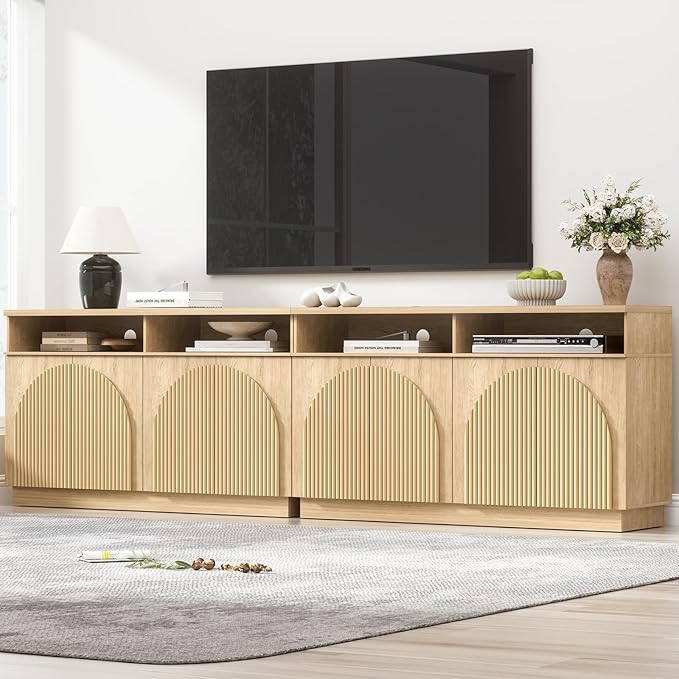Yechen Set of 2 110" Fluted TV Stand with 8 Arched Reeded Design Doors, Modern Entertainment Center with Storage for Up to 98", Media Console, Multi-Functional TV Cabinet for Living Room, Natural Oak