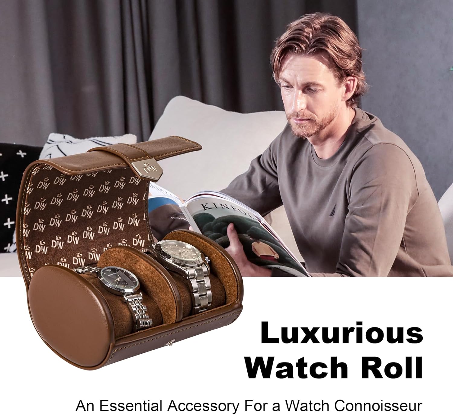 DUKWIN Watch Roll for 2 Watches,Vegan Leather Travel Watch Case Organizer with Removable Pillows for Men and Women,Display Case for Watches Collection and Gift for Anniversary Birthday(Brown Storage)