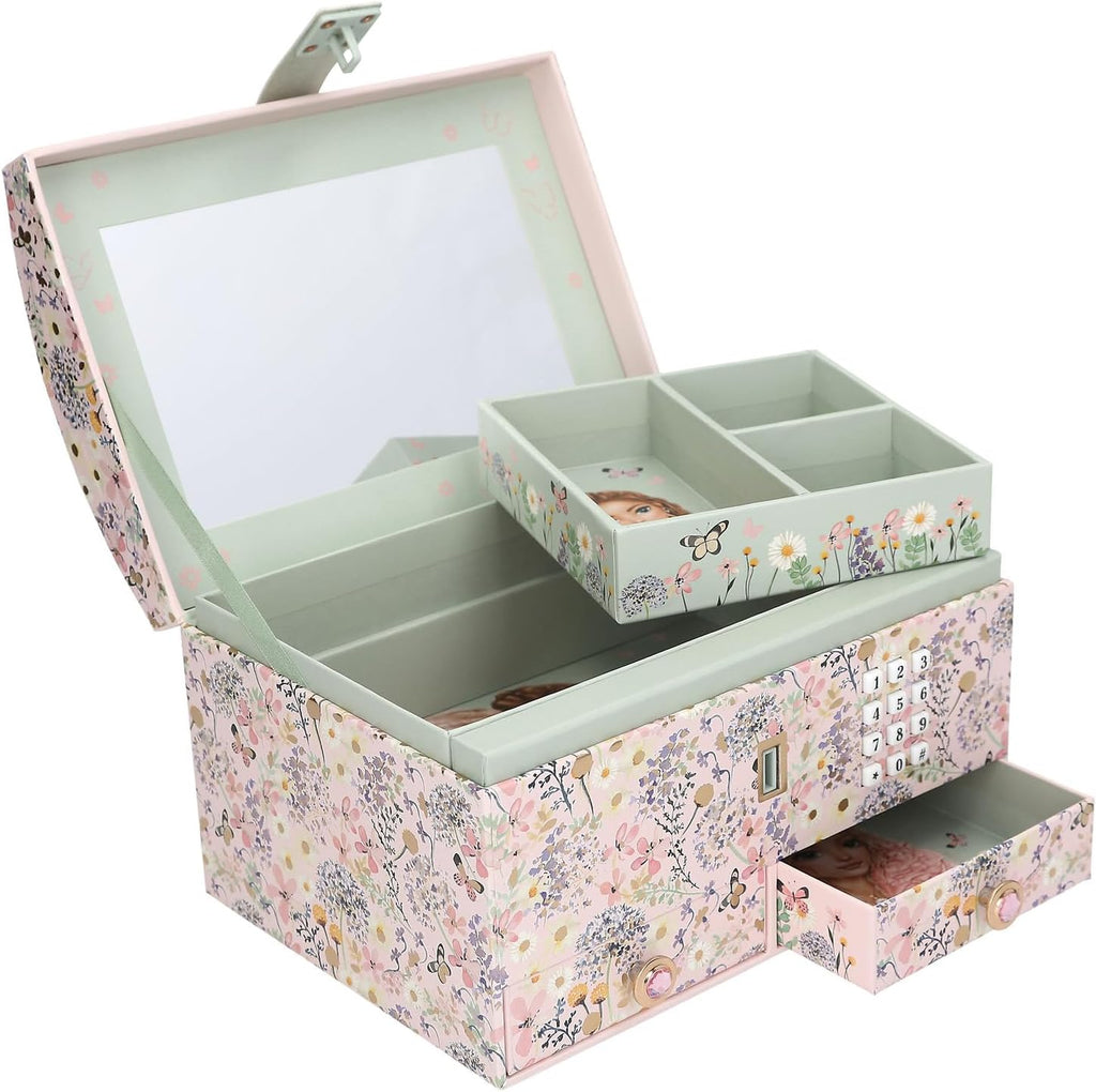 Depesche TOPModel Summer Feeling 13579 Large Jewellery Box in Pink with Model Motif and Floral Details, Jewellery Box with Code, Sound and Mirror