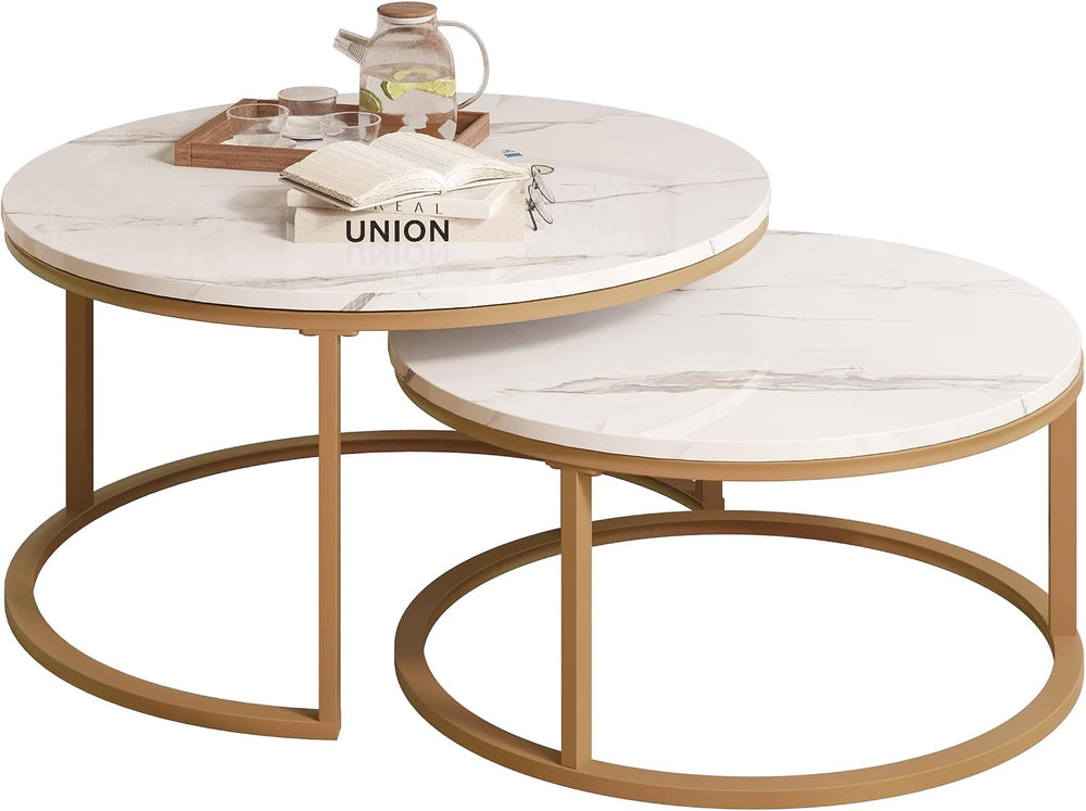 WiberWi Round Coffee Table Nesting Tables Set of 2, Large: Ø 34.0", Smal...