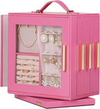 Homde Christmas Gifts Jewelry Box 360° Rotating, Necklace Earring Organizer with Transparent Window, Mirror, 7 Drawers, Large Ring Display Storage Case for Girls Women (Pink)