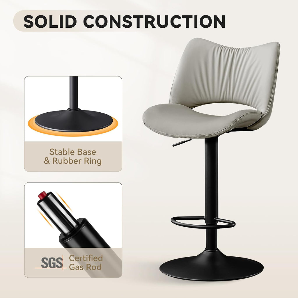 Rowill Bar Stools Set of 2 Modern Counter Height Barstools Swivel Adjustable Faux Leather Bar Chairs for Kitchen Island with Back and Metal Base, Gray