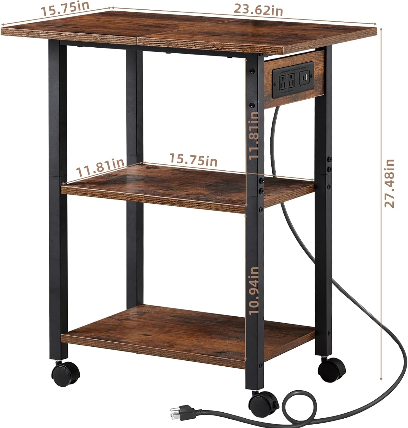 Lerliuo 3-Tier Printer Stand with Charging Station, Industrial Mobile Printer Table with Storage Shelf and Steel Frame, Rolling Printer Cart Holder with Lockable Wheels for Home, Office (Brown)