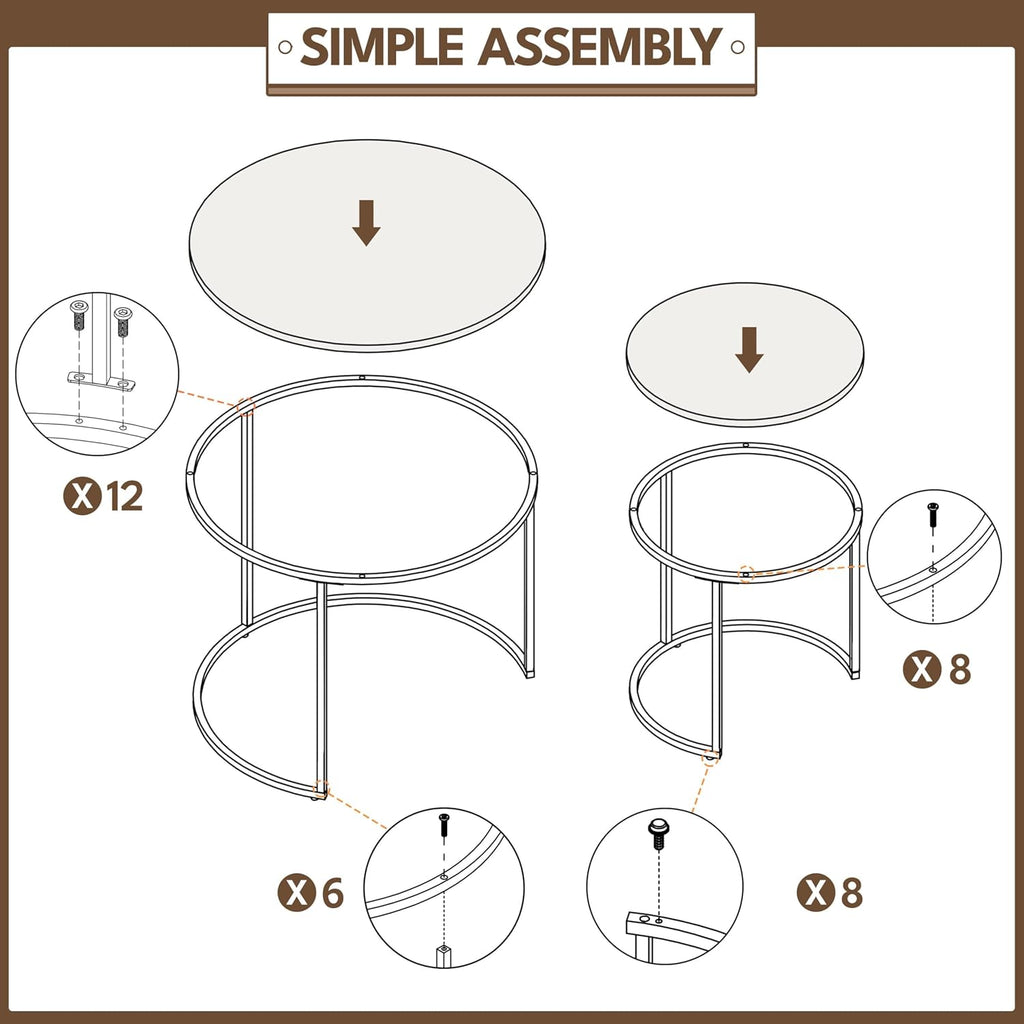 Yaheetech Small Round Nesting Coffee & Side Table Set of 2, Rustic Brown | Space-Saving Nesting Design, Engineered Wood Tops on Black Metal Frames, Use Apart as End Tables, Easy Assembly, 99 lb Max