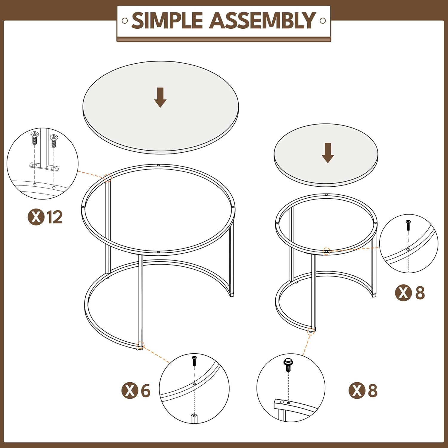 Yaheetech Small Round Nesting Coffee & Side Table Set of 2, Rustic Brown | Space-Saving Nesting Design, Engineered Wood Tops on Black Metal Frames, Use Apart as End Tables, Easy Assembly, 99 lb Max