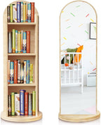 DELEMODUO Kids Rotating Bookshelf with Mirror, 48inch Wood Stading Floor Bookshelf for Small Space, 4 Tier Floor Standing Bookcase Storage Rack for Bedroom, Living Room, Study Room