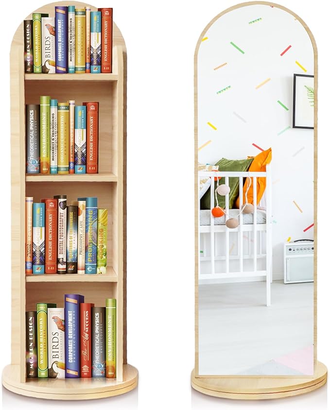 DELEMODUO Kids Rotating Bookshelf with Mirror, 48inch Wood Stading Floor Bookshelf for Small Space, 4 Tier Floor Standing Bookcase Storage Rack for Bedroom, Living Room, Study Room