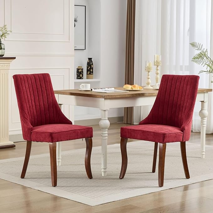 Dining Chairs Set of 2,Comfy Fabric Upholstered Accent Chairs for Kitchen Living Room,Channel Tufted Dining Room Chairs with Curved Solid Wood Legs(Wine Red)