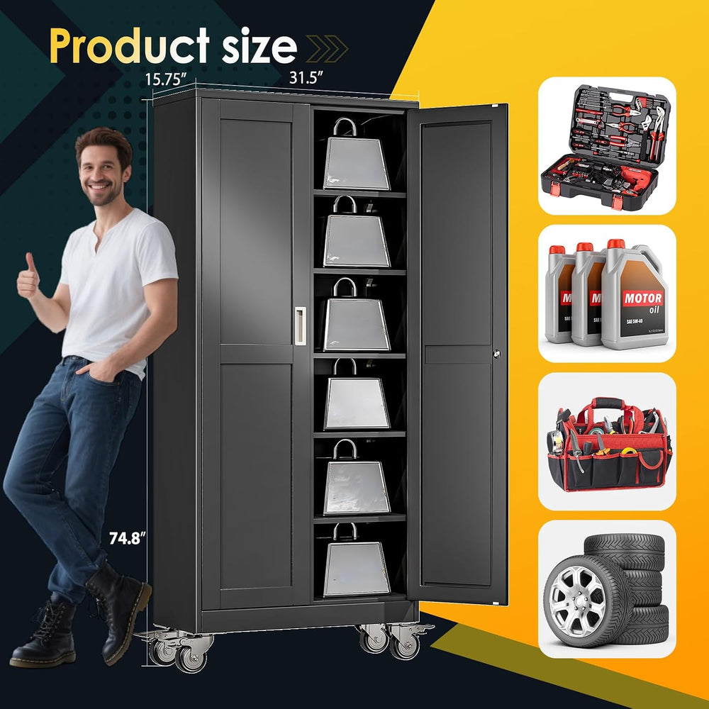 PAOFIN 75''H Metal Garage Storage Cabinet with Wheels,Steel File Cabi...