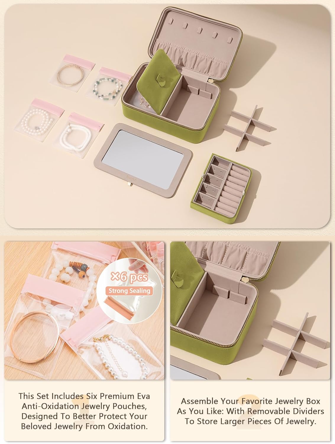 Velvet Travel Jewelry Box with Large Mirror, Double-Layer Jewelry Organizer Case for Women and Girls, Portable Storage Case with 6 Anti-Tarnish Bags Gift Ready for Her (Avocado Green)