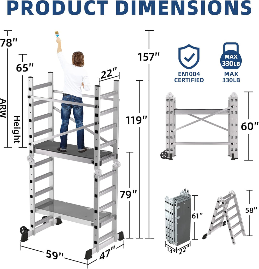 APARECIUM 10' Foldable Aluminum Scaffolding Ladder, Multipurpose Rolling ...