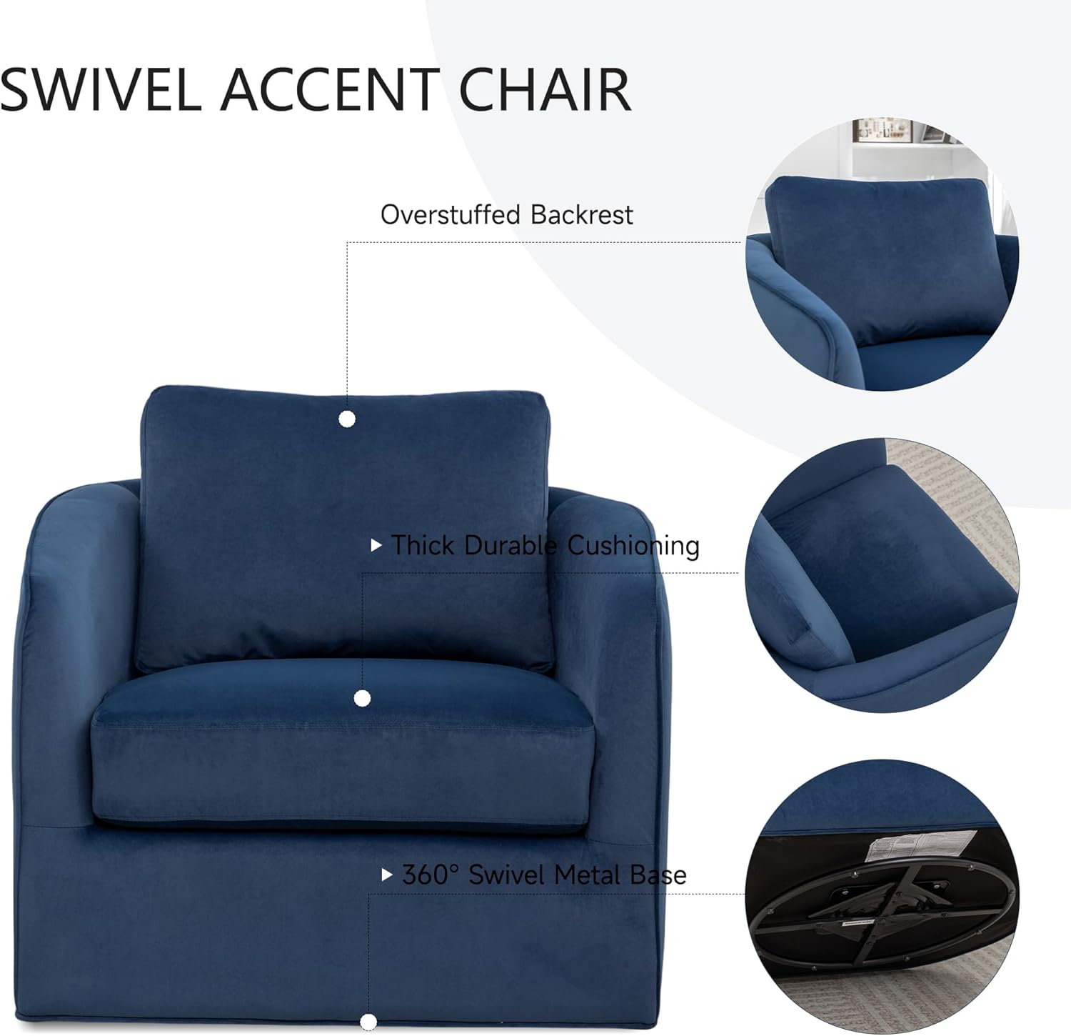 MINCETA Swivel Accent Chairs, Oversized Swivel Barrel Chair with High Density Foam, Velvet Fabric Reading Chairs, Upholstered Armchair for Living Room, Bedroom, No Assembly, Blue