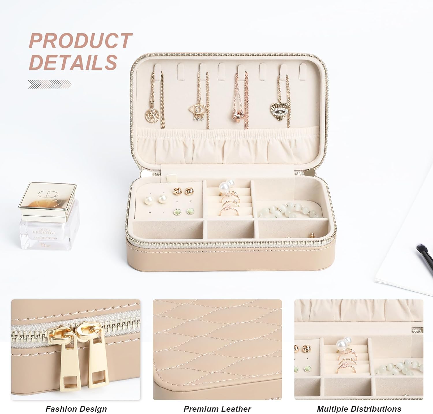 Leather Jewelry Box Women's Travel Jewelry Organizer with Zippered Design Tangle-Free Storage for Necklaces, Earrings, and Bracelets, Luxury Gift Box Apricot