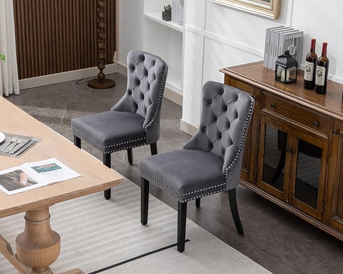 KCC Velvet Dining Chairs Set of 2, Upholstered High-end Tufted Dining Room Chair with Nailhead Back Ring Pull Trim Solid Wood Legs, Nikki Collection Modern Style for Kitchen, Grey
