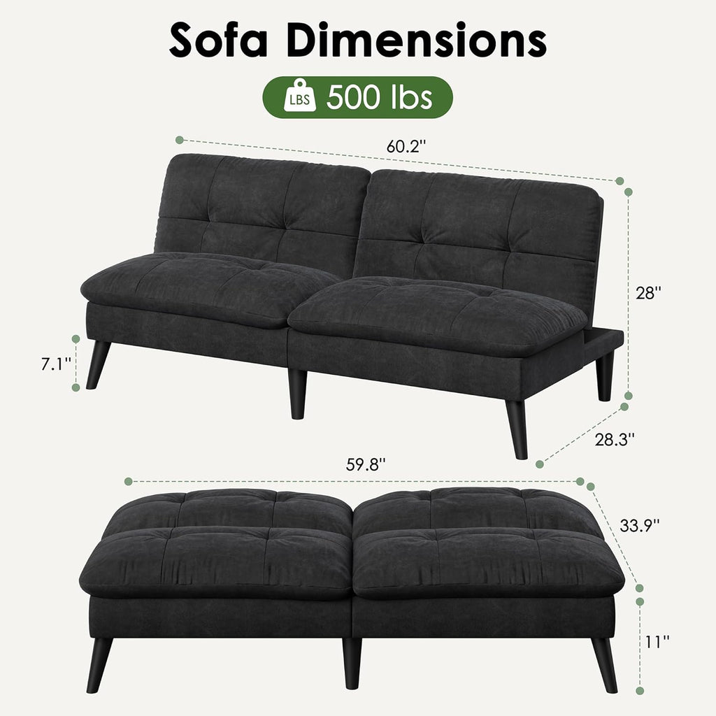 Vongrasig Futon Sofa Bed Velvet Futon Couch with Adjustable Backrest, Small Convertible Folding Sleeper Sofa Bed, Modern Loveseat for Living Room, Bedroom and Small Space, (Black)