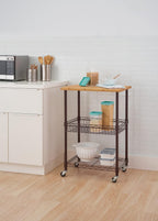 3 Tier Rolling Cart Kitchen Organizer with Bamboo Top, Metal Wire Storage Basket and Shelf for Household and Pantry Organization, Dark Bronze, 24” W x 18” D x 35” H