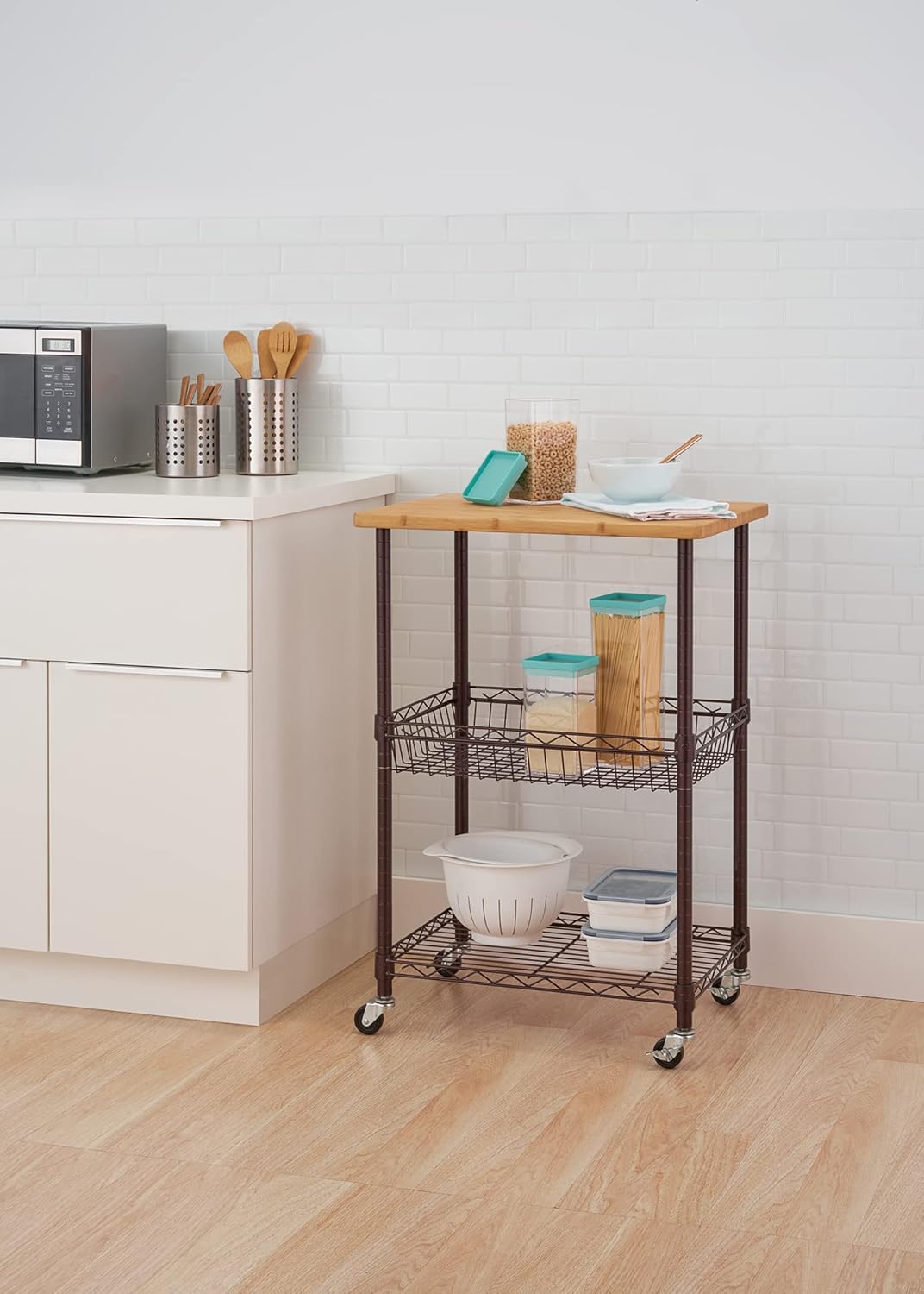 3 Tier Rolling Cart Kitchen Organizer with Bamboo Top, Metal Wire Storage Basket and Shelf for Household and Pantry Organization, Dark Bronze, 24” W x 18” D x 35” H