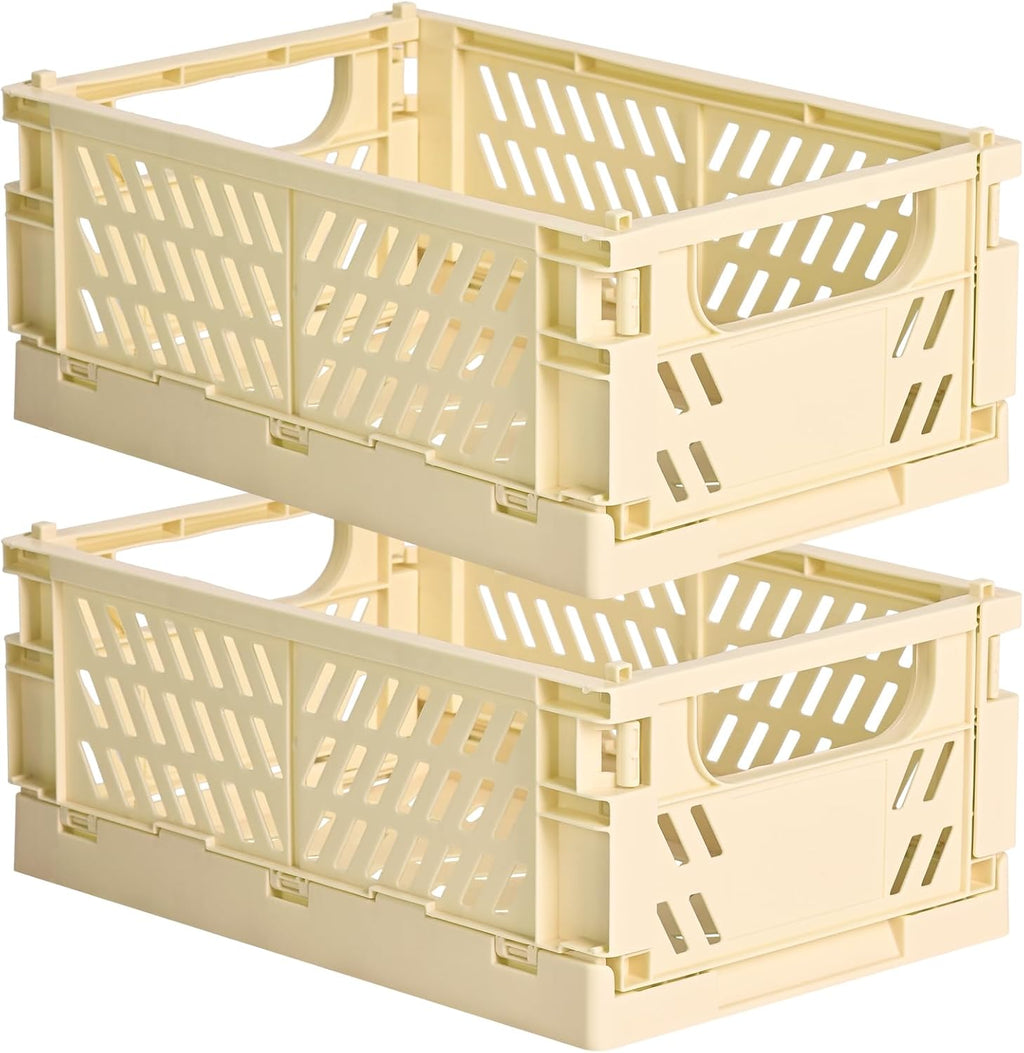2-Pack Small Pastel Plastic Storage Baskets, Collapsible Crates for Organizing, Space-Saving Mini Bins for Classroom, Kitchen, Office, Bedroom (Yellow, 9.8" x 6.5" x 3.8")