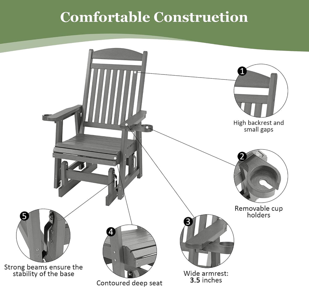 Poly Lumber Patio Glider for One Person, with Cup Holders, High Backrest and ...