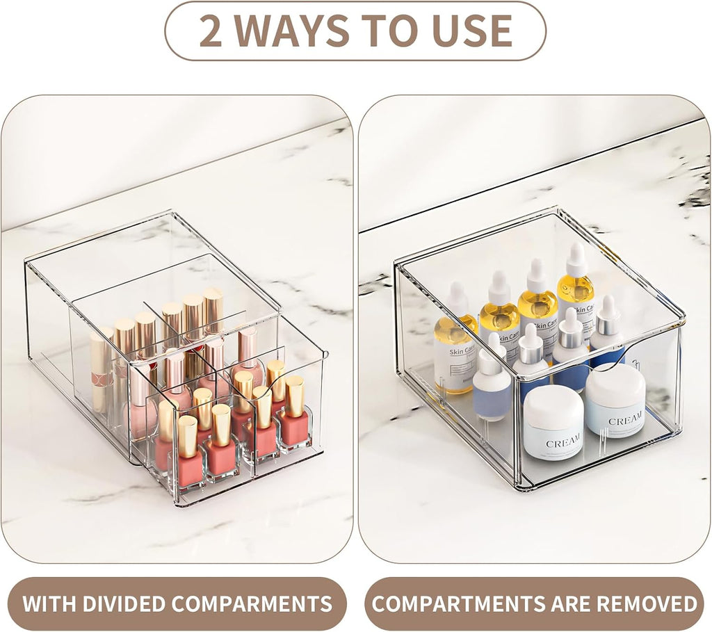 4 Pack Clear Tea Bag Organizers with Adjustable Dividers, Stackable Tea Drawer Organizer Box for Pantry, Coffee Bar, Kitchen Cabinet, Acrylic Food Storage Bins for Snacks, Sugar & Spice Packets