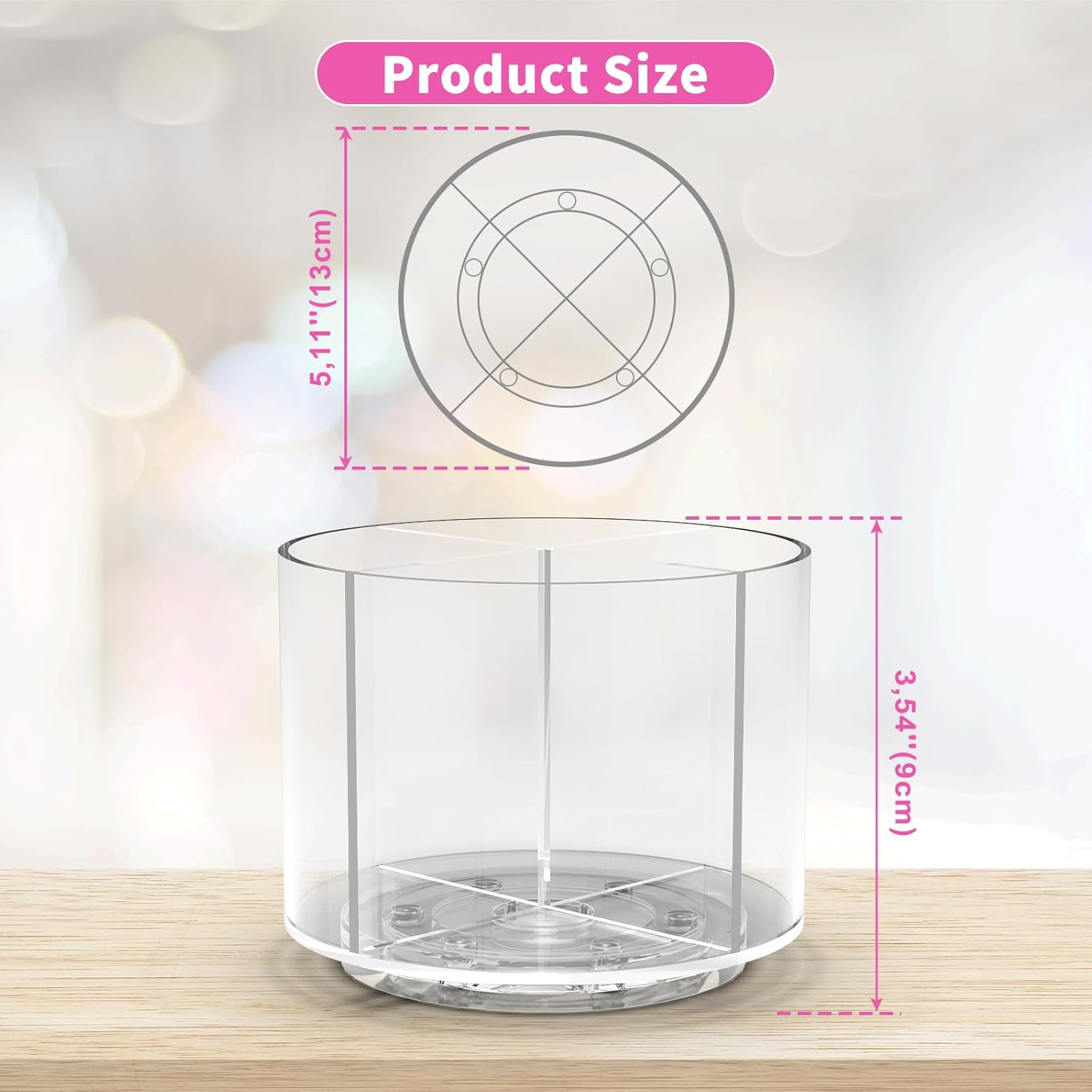 Small Pencil Organizer for Desk Acrylic 4 Compartments, Tiny Rotating Art Supply Organizer Kids, Spinning Round Marker Small Clear Desktop Caddy Swivel Office Pen Pencil Holder