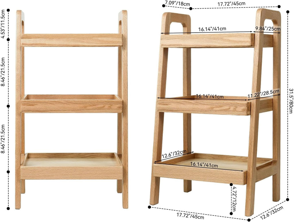 3-Tier Ladder Shelf, Solid Wood Ladder Bookshelf, Mid-Century Modern Leaning Shelves, Oak Wooden Floor Bookcase w/Storage Rack, End Side Table for Living Room Kitchen Bedroom, Natural