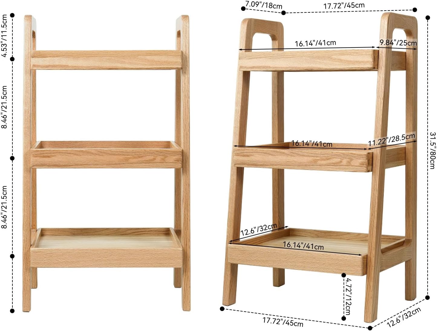 3-Tier Ladder Shelf, Solid Wood Ladder Bookshelf, Mid-Century Modern Leaning Shelves, Oak Wooden Floor Bookcase w/Storage Rack, End Side Table for Living Room Kitchen Bedroom, Natural