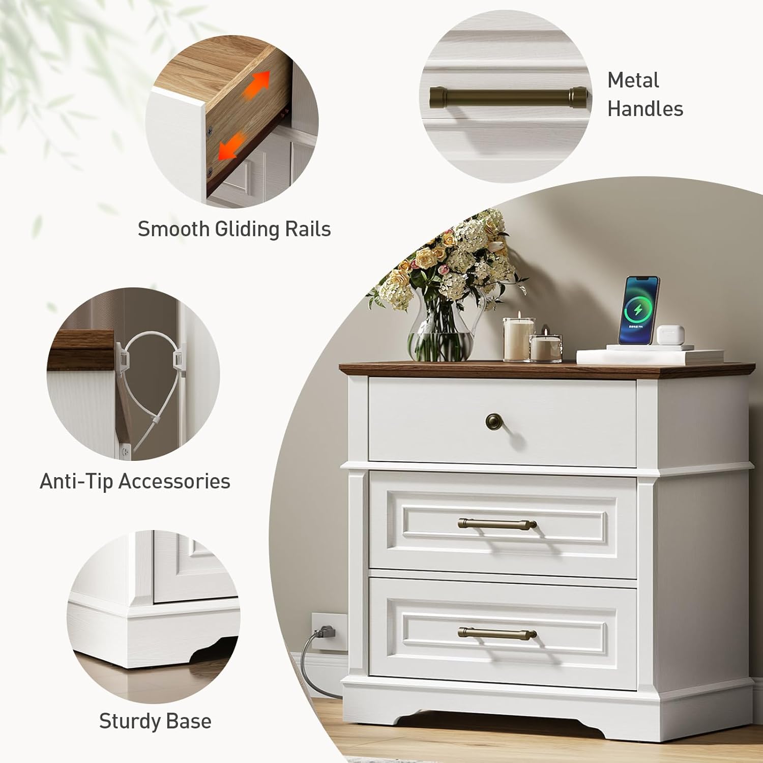 RALGEND 29.5" Tall Nightstand with Charging Station, 3 Drawer Farmhouse Night Stand, 27.6" Wide End Table with Storage, Large Bedside Table for Bedroom Living Room, White and Walnut