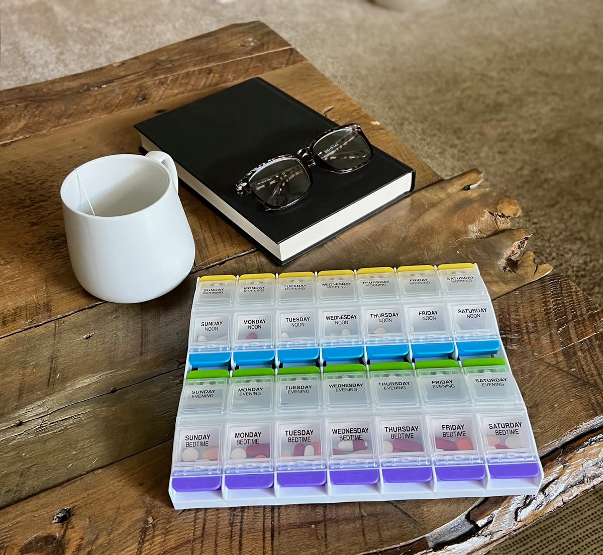 EZY DOSE Weekly (7-Day) Pill Organizer, Vitamin Container, and Daily Medicine Planner, 2X-Large Push Button Compartments, Arthritis Friendly, Easy to Use, 4 Times a Day, Clear Lids, BPA Free