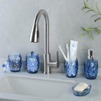 Modern Shatterproof Acrylic Cobalt Blue Bathroom Accessories Set – 5-Piece Glass-Free Vanity Set with Soap Dispenser, Toothbrush/Makeup Brush Holder, 2 Cotton Jars with Lids, and Soap Dish