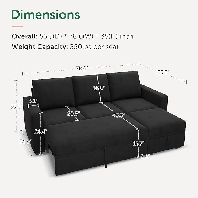 HONBAY Modular Sectional Sleeper Sofa with Pull Out Bed, L Shaped Couch with Storage Seat, Modular Sectional Couches for Living Room - Black