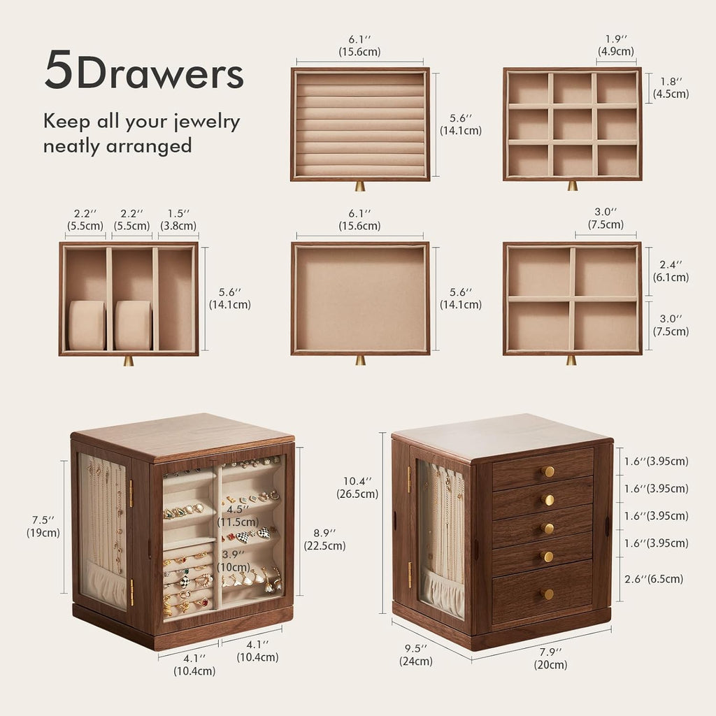 CHOSIN Black Walnut Wooden Jewelry Box, 360° Rotating Organizer with Glass Lid, 5 Drawers for Earrings, Rings, Necklaces – Vertical Jewelry Storage for Women Christmas Gifts