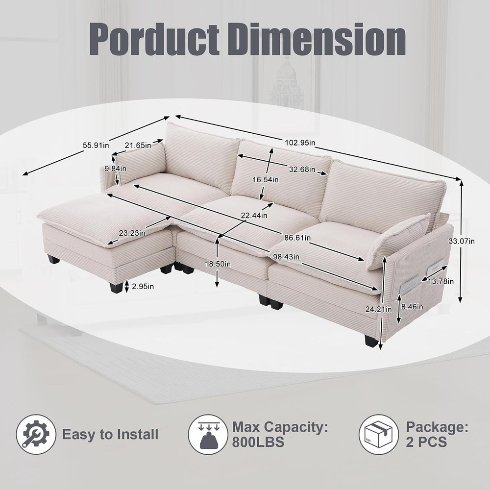 KIVENJAJA 103" Cloud Couch Sectional with Storage, L Shaped Sofa, Beige ...