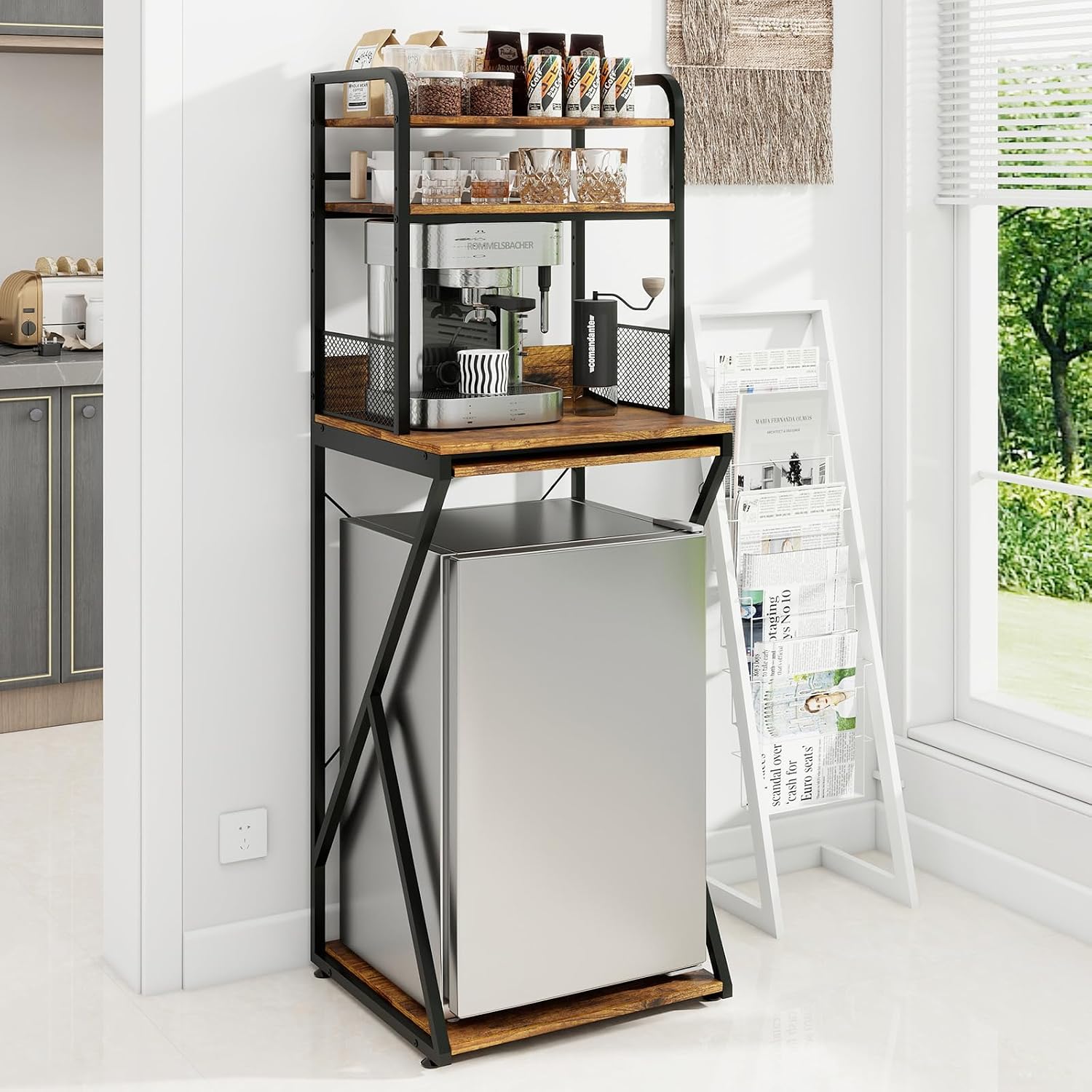 PUNCIA 4-Tier Mini Fridge Stand with Outlet, Coffee Bar Organizer, Retro | Coffee Station with Fridge Space, Tall Refrigerator Cabinet & Microwave Shelf Bakers Rack for Kitchen Dorm Pantry Apartment