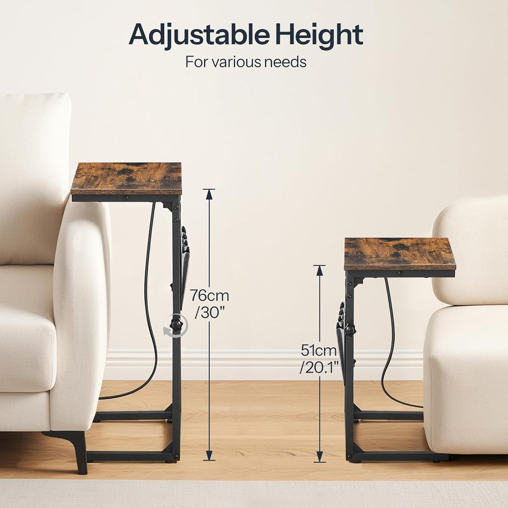 HOOBRO C Shaped End Table with Charging Station, 30” Adjustable Height Sofa S...