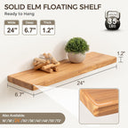 Fun Memories 24 Inch Floating Shelves, Solid Elm Wood Wall Shelf for Home Decor, Rustic Bathroom Shelves Set of 2, Heavy-Duty Storage Shelf for Kitchen, Bedroom, Living Room