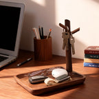 Solid Black Walnut Wooden Key Tray, Key Bowl for Entryway Table | Multi-Functional Table top Key Holder ; Wood key Dish with 3 Hooks ; Organizer for Wallet, Watch, Change, and Jewelry
