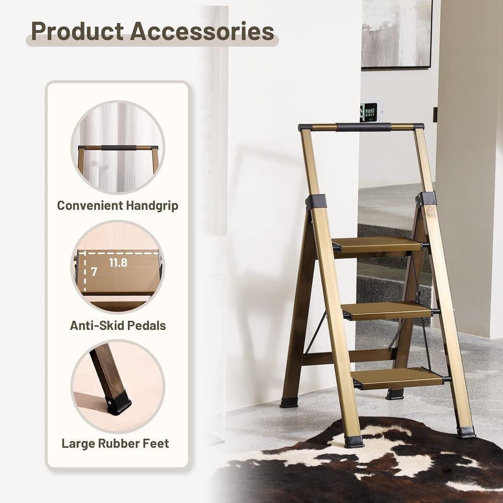 3 Step Ladder, Aluminum Step Stool with Retractable Handrail