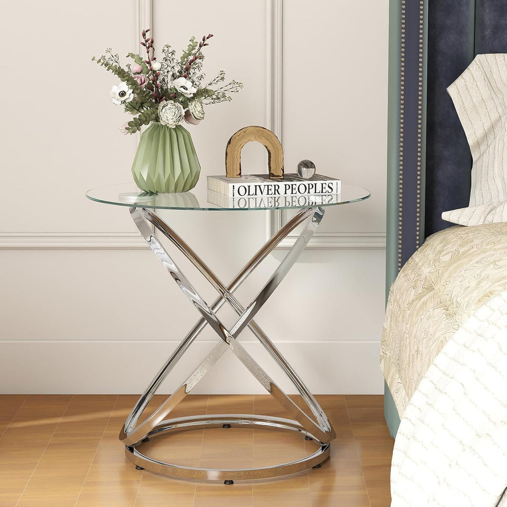 OIOG Glass Round End Table, Modern Contemporary Side Table for Small Space wi...