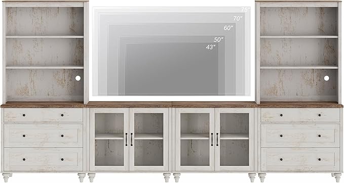 WAMPAT Entertainment Center with Bookshelves with Glass Doors & Drawer, Farmhouse Wall Unit TV Stand for TVs up to 75", Media Console Table for Living Room, Bedroom & Home Theater, Rustic White