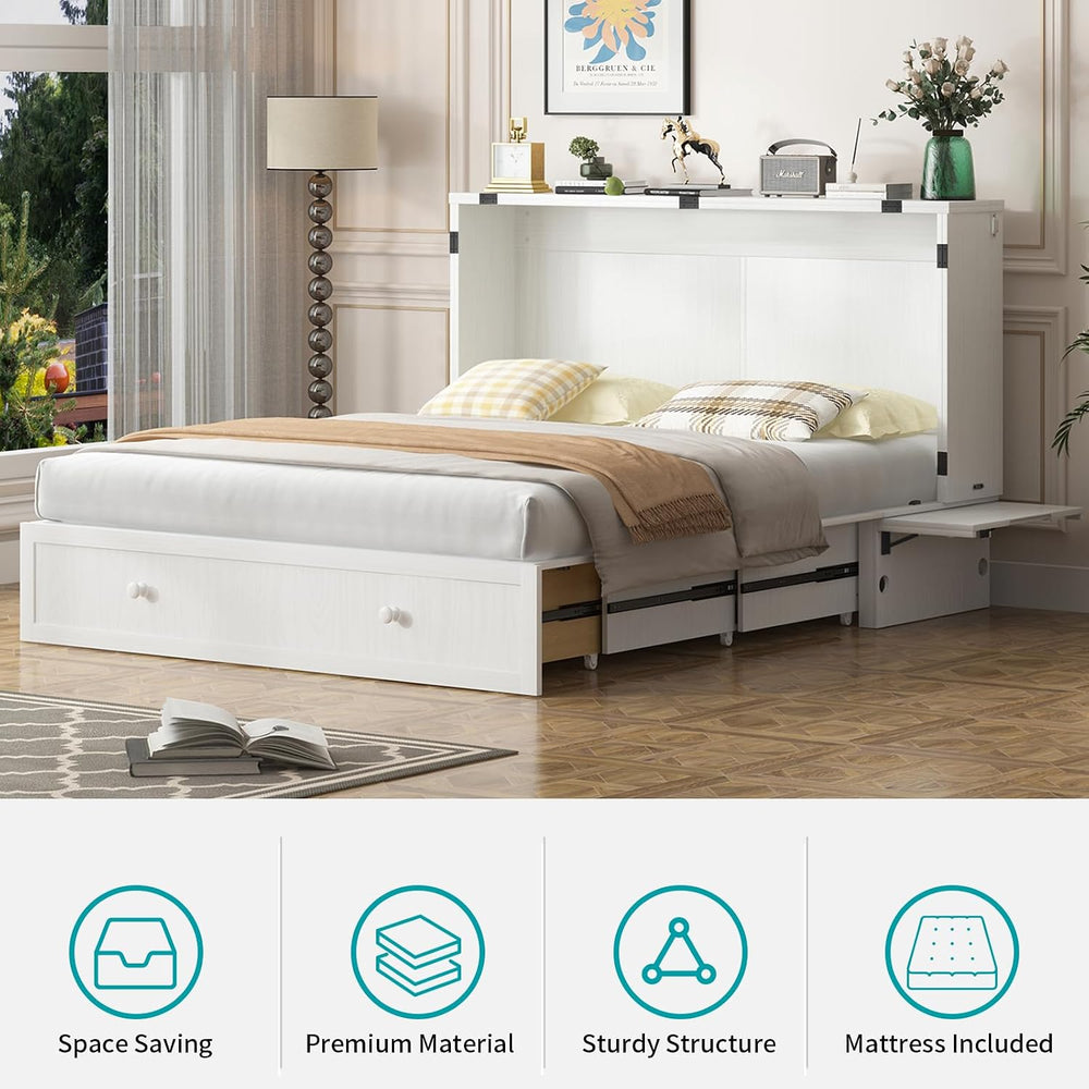 BALUS Queen Murphy Bed, Cabinet Murphy Bed with Large Storage Drawer-White | ...
